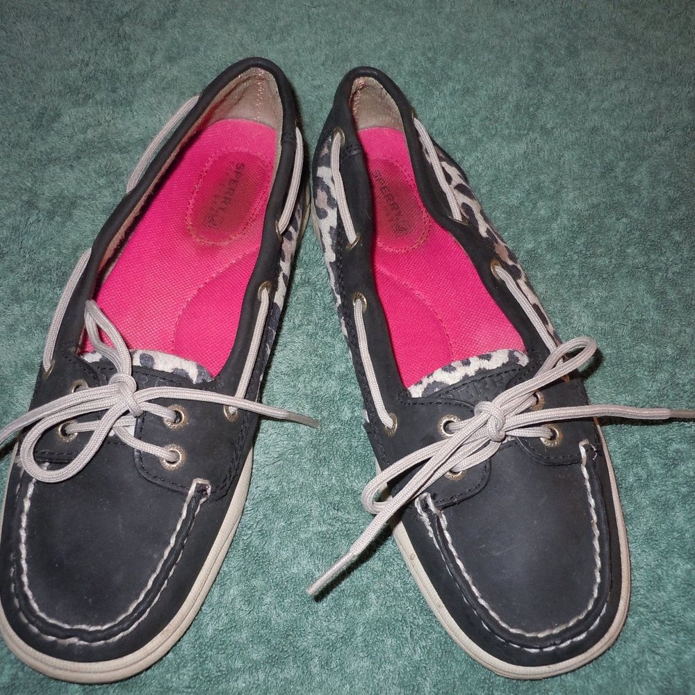 EUC!! Sperry Top Siders Boat Shoes Black Leopard Print Women's Size 8